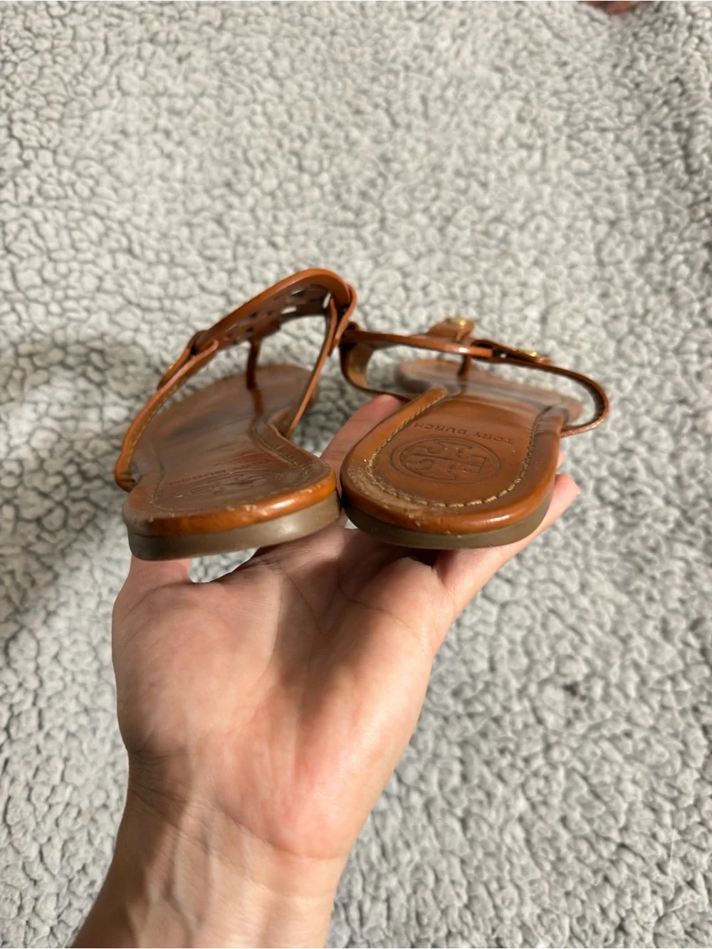 Tory Burch Miller Sandals 8.5 Brown Leather Slides Thong Medallion